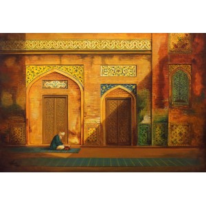 S. A. Noory, Wazir Khan Mosque, 24 x 36 Inch, Acrylic on Canvas, Figurative Painting, AC-SAN-100
